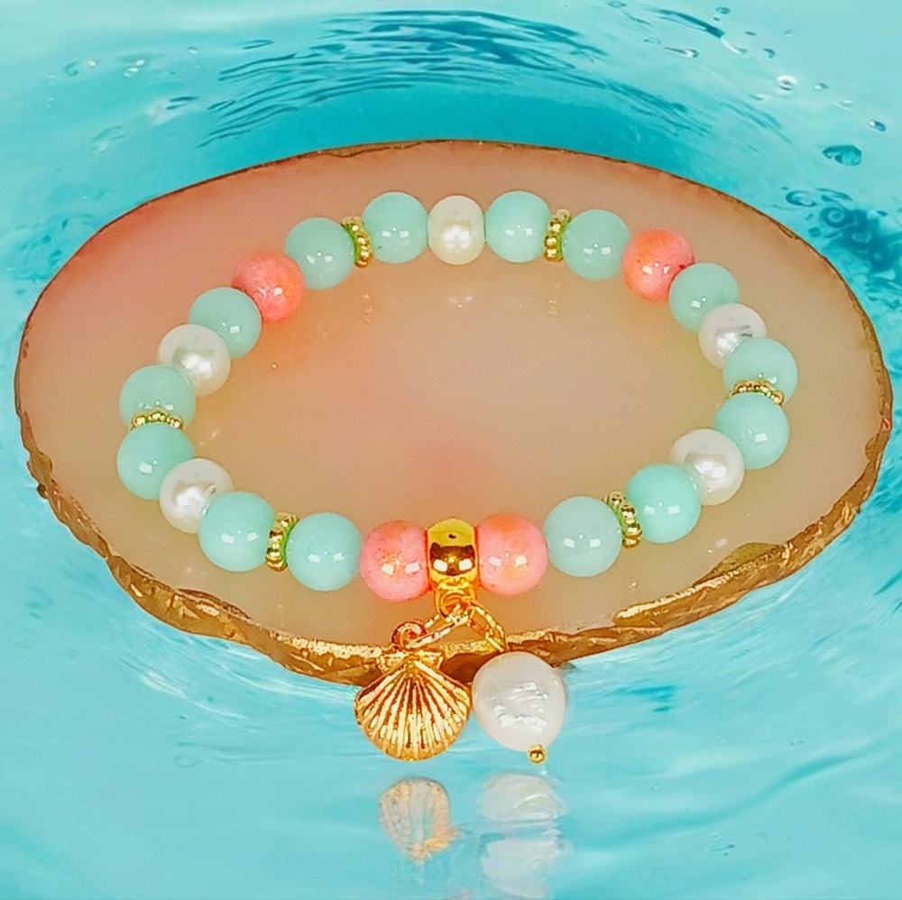 Chrysoprase Pearl & Mt Jade Scallop Shell & Pearl Charm Bracelet Oceancore Y2K